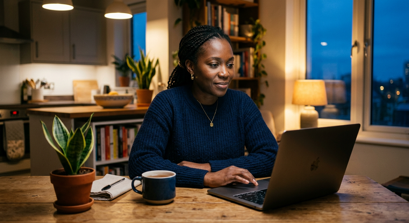 A professional reviewing BRVM company research on a laptop at home